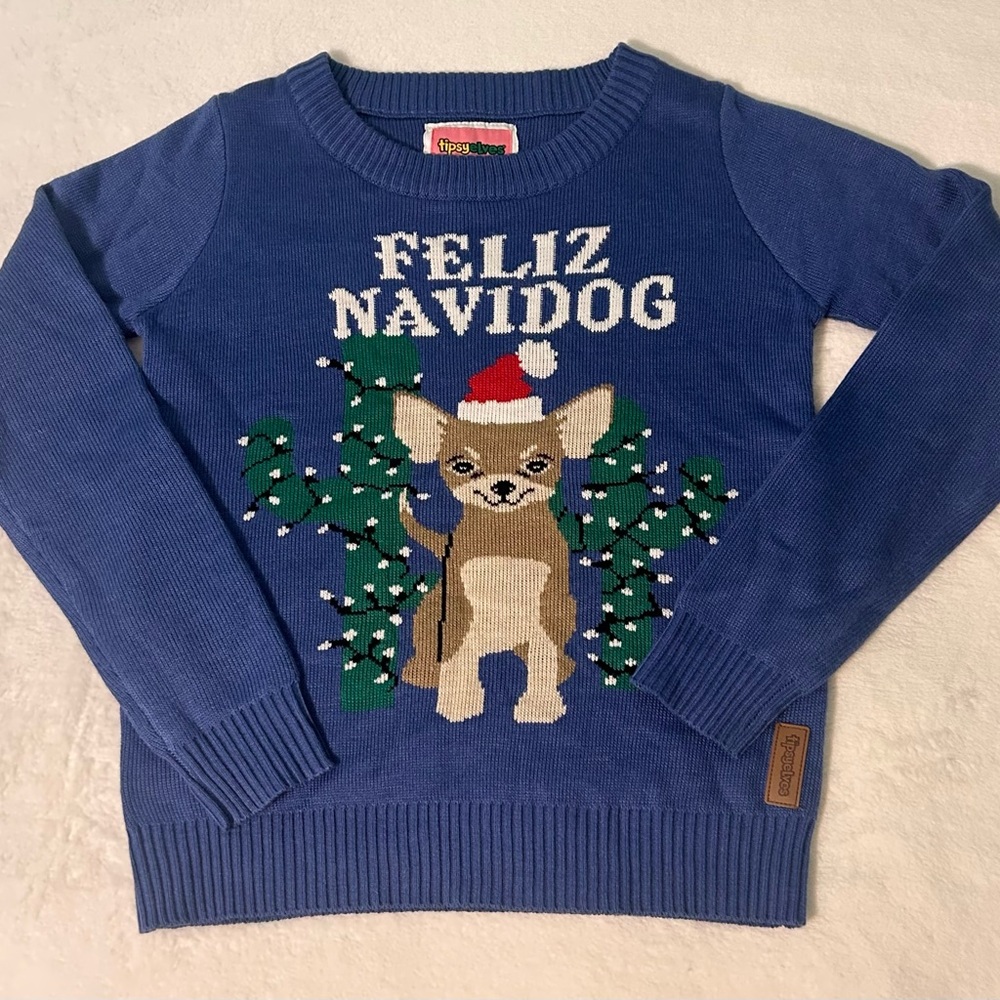 Tipsy Elves Blue “Feliz Navidog” Cute Chihuahua Ugly Christmas Sweater size S